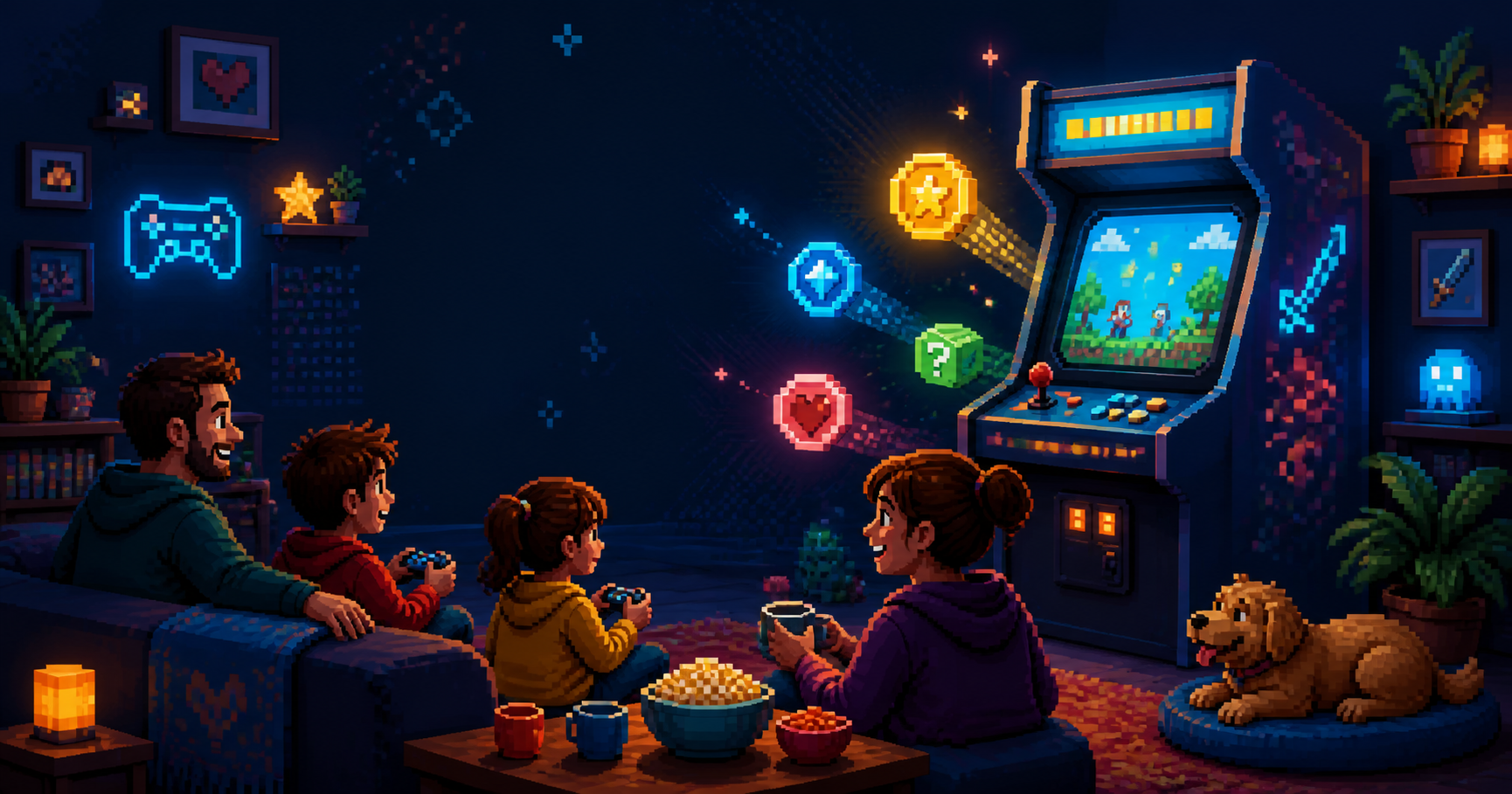 Pixel-art family game night with an arcade cabinet